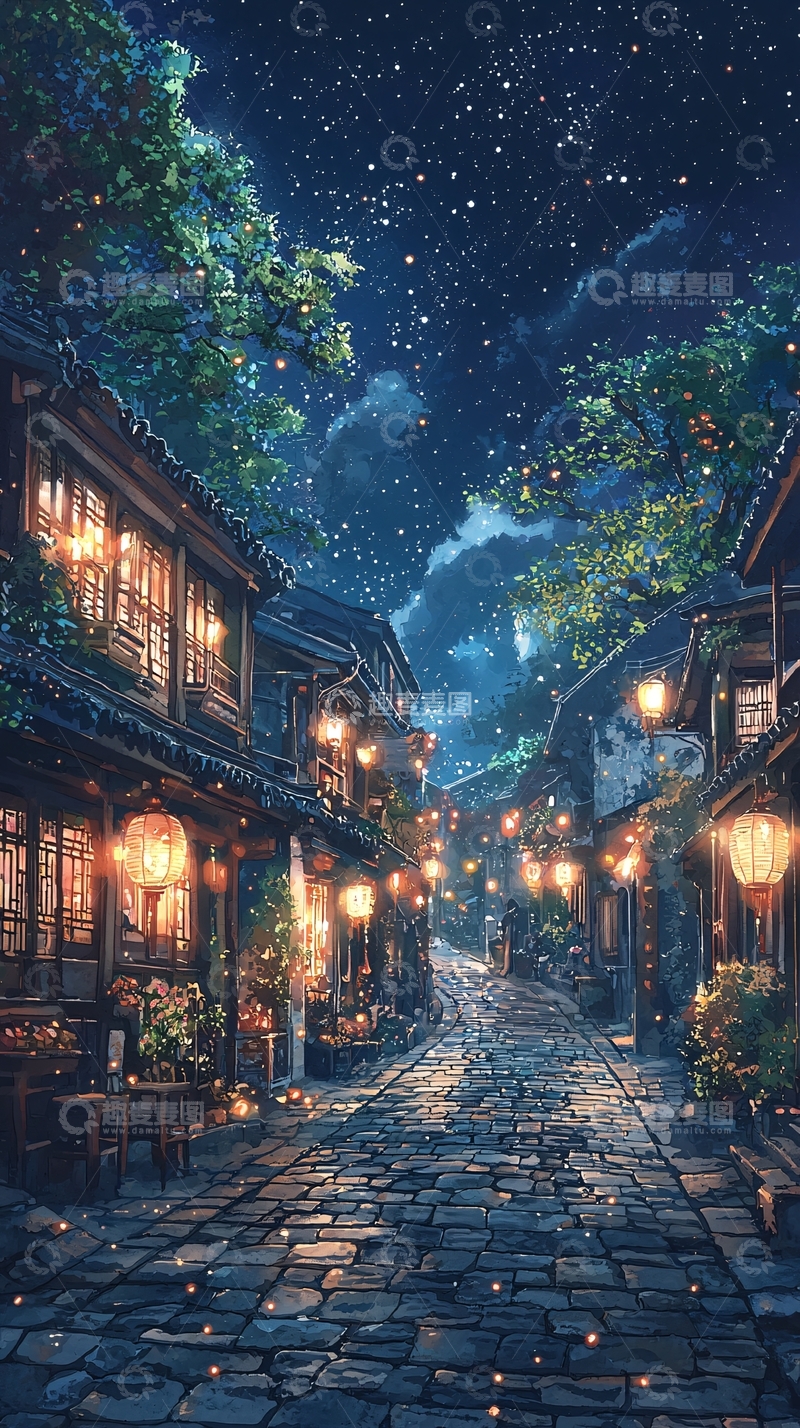 高清大图下载【趣麦麦图】夜色下的古镇灯笼街道