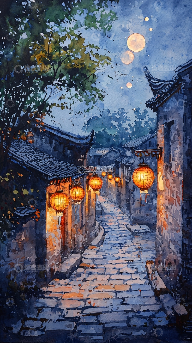 高清大图下载【趣麦麦图】古镇夜景灯笼水墨风