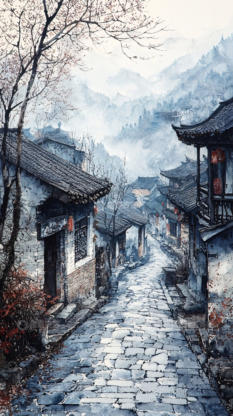 高清大图下载【趣麦麦图】古风山水小镇水墨意境