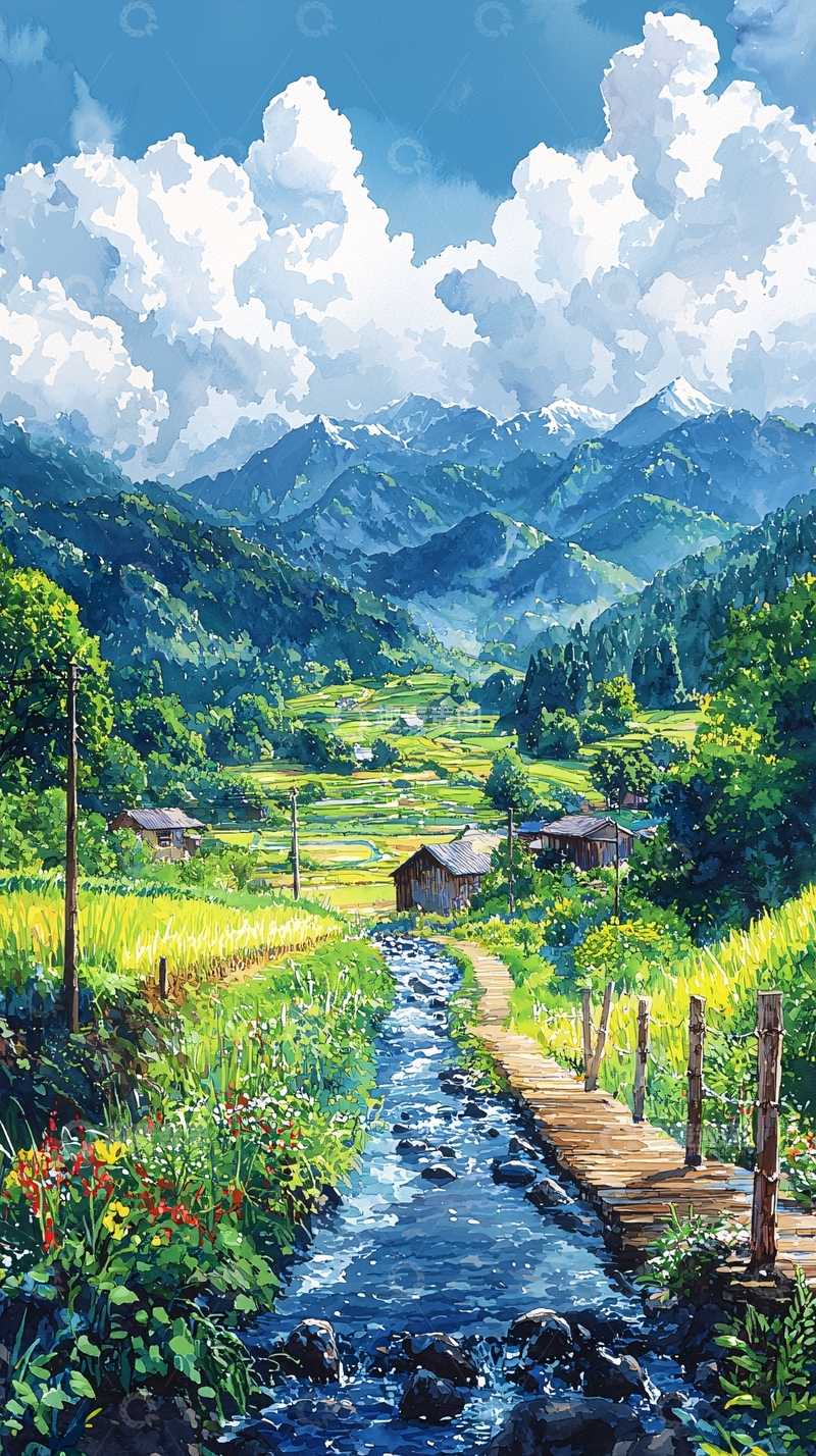 高清大图下载【趣麦麦图】山间小溪房屋田野的宁静风景