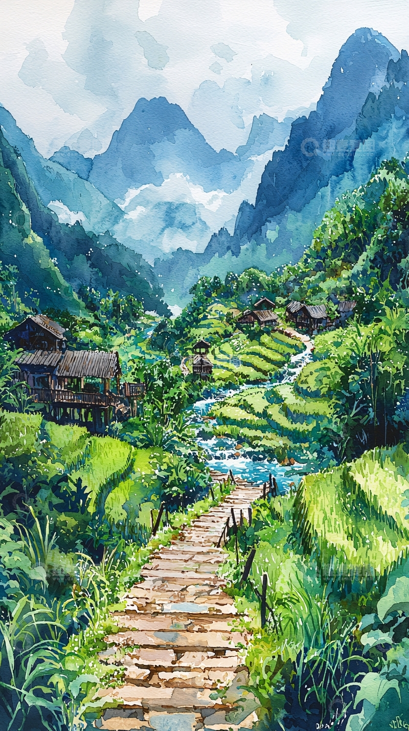 高清大图下载【趣麦麦图】山间梯田村落风光