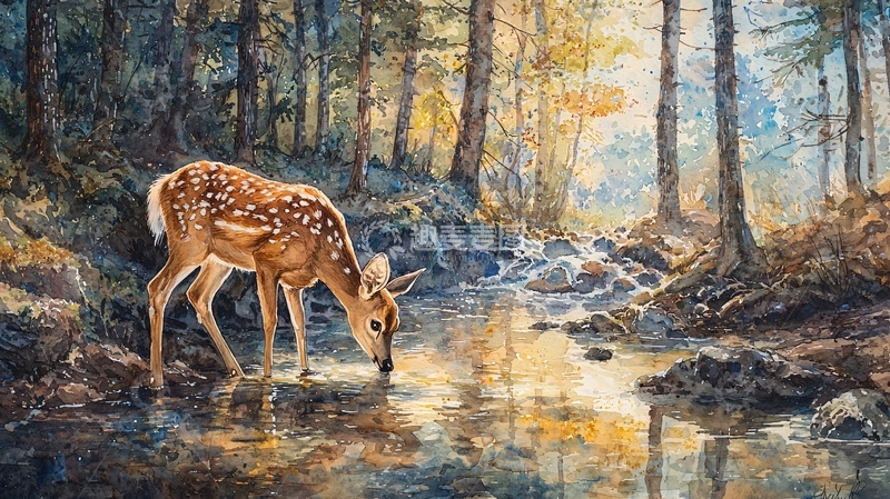 高清大图下载【趣麦麦图】小鹿在溪边喝水