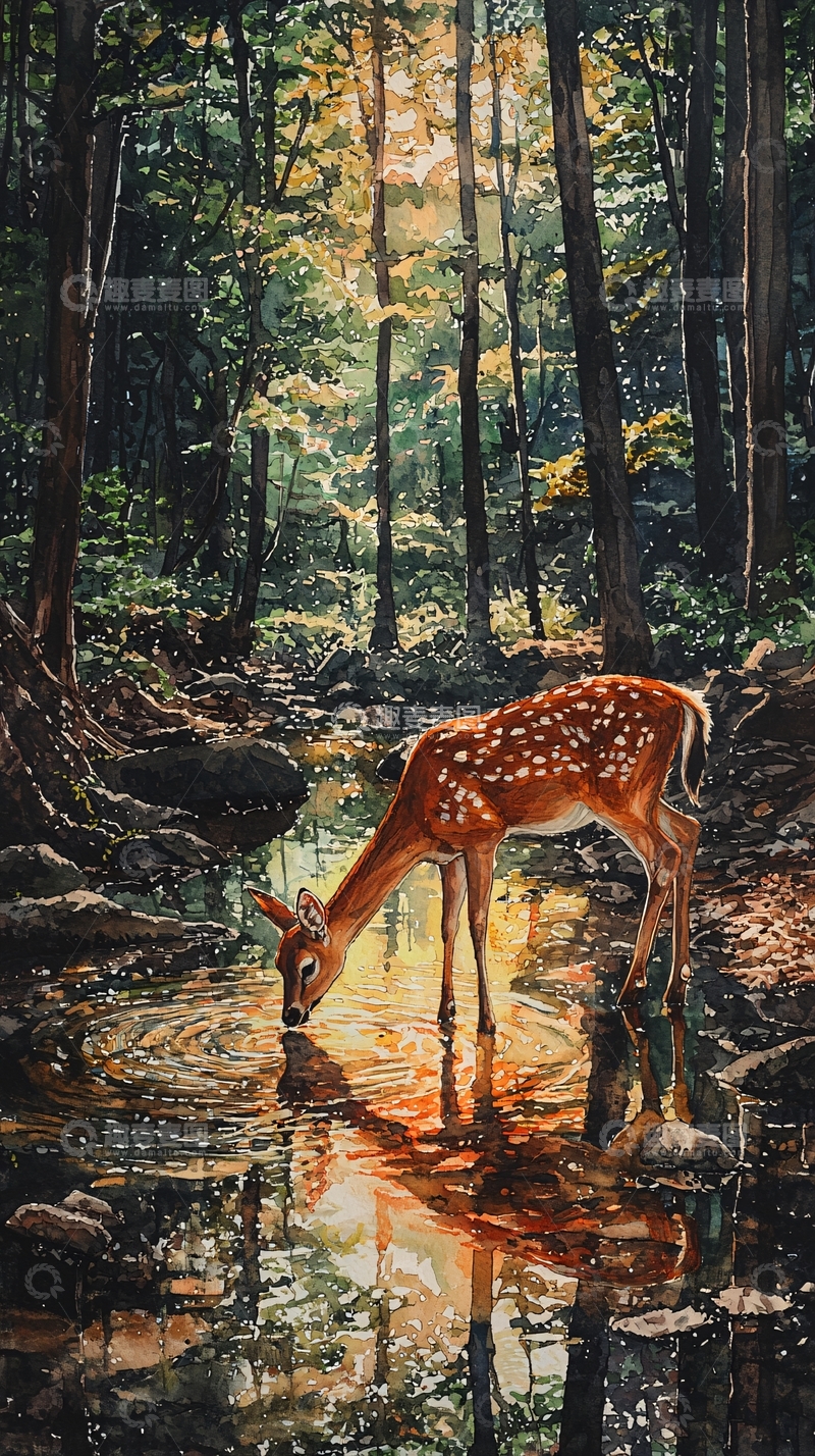 高清大图下载【趣麦麦图】森林小溪饮水小鹿