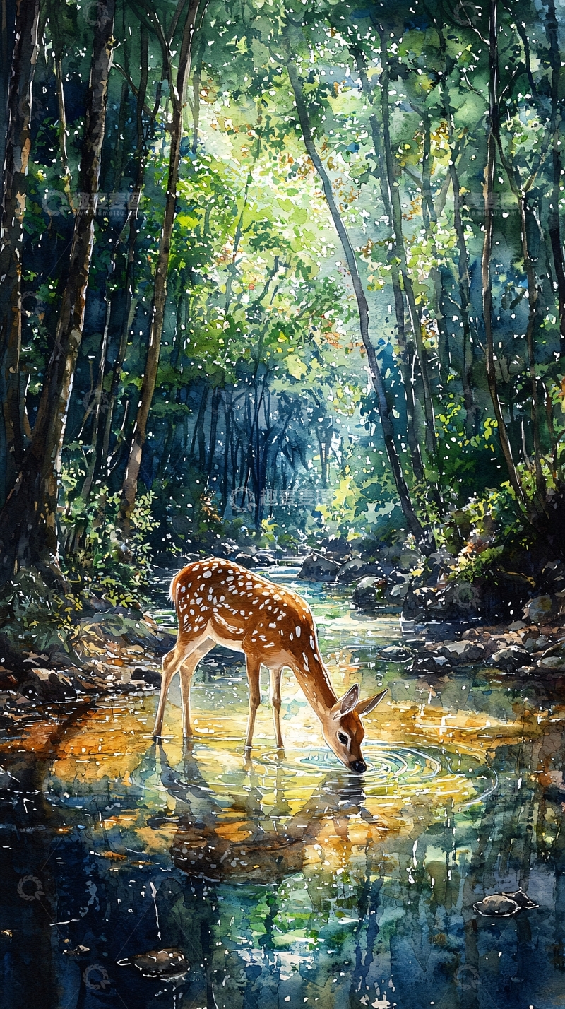 高清大图下载【趣麦麦图】小鹿在溪边饮水水彩画