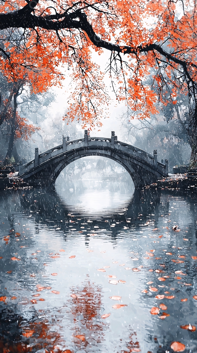 高清大图下载【趣麦麦图】古桥流水红叶如画