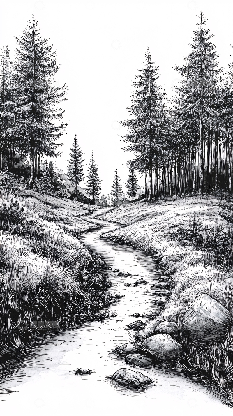 高清大图下载【趣麦麦图】蜿蜒小路穿过森林的黑白画