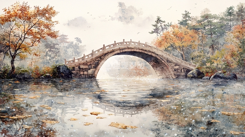 高清大图下载【趣麦麦图】水墨风格的石桥秋景