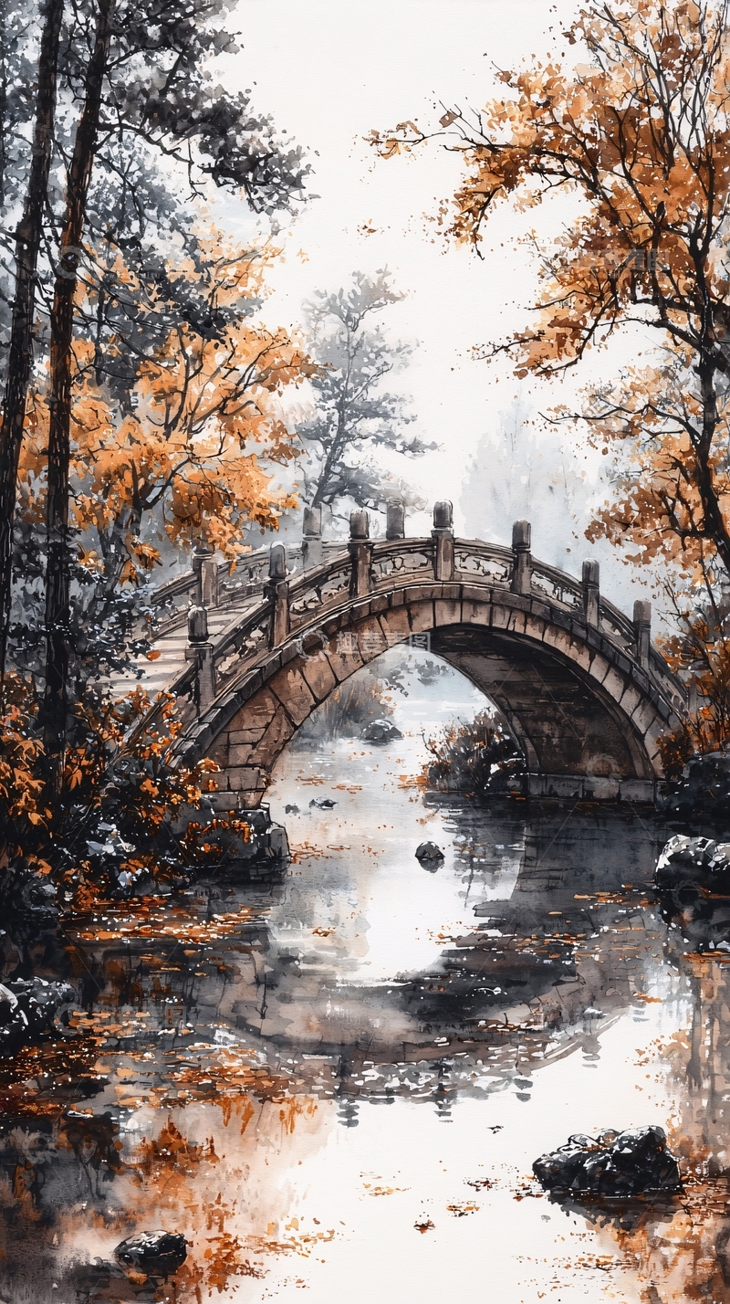 高清大图下载【趣麦麦图】秋日古桥流水风景图