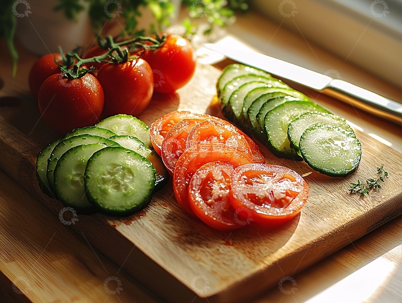高清大图下载【趣麦麦图】木质砧板上的西红柿黄瓜