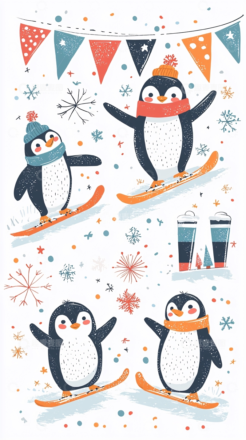 高清大图下载【趣麦麦图】企鹅滑雪节日装饰卡通插画