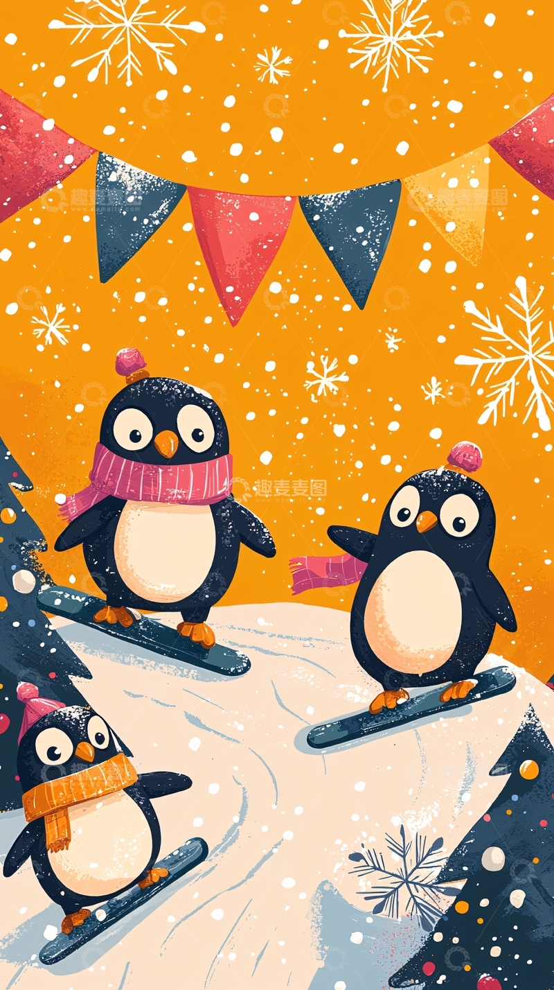 高清大图下载【趣麦麦图】卡通企鹅滑雪