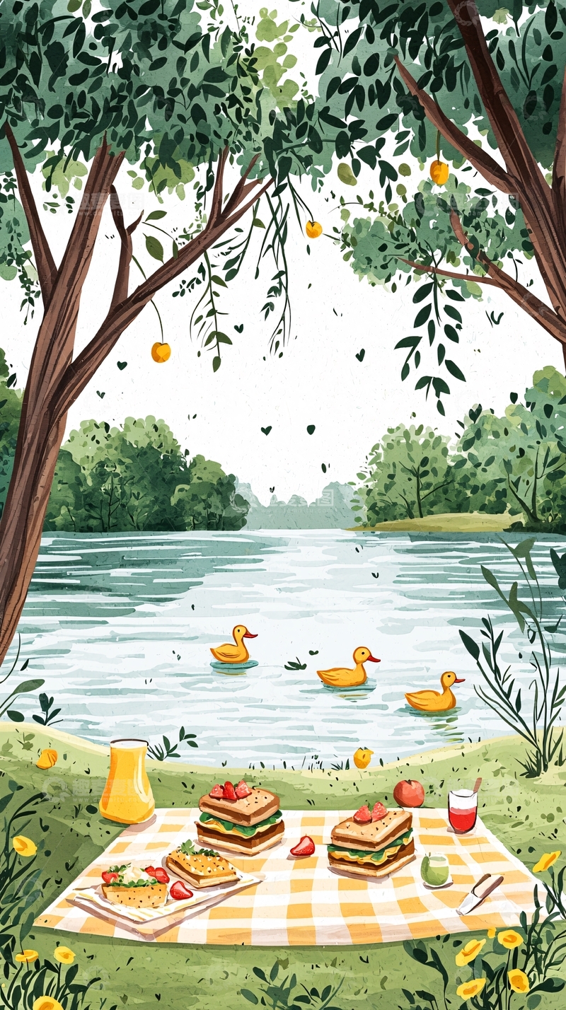 高清大图下载【趣麦麦图】树荫下湖边野餐
