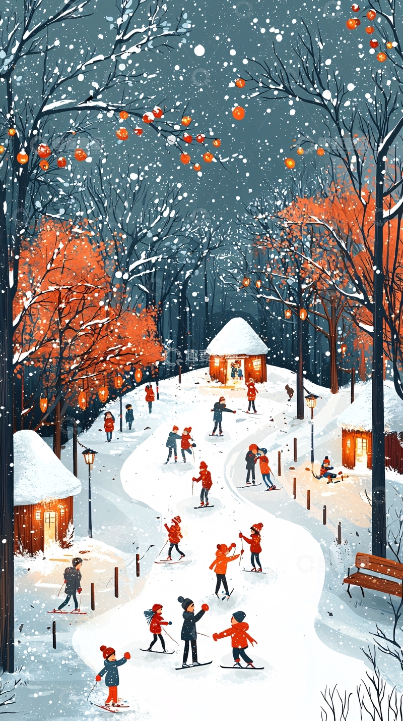 高清大图下载【趣麦麦图】冬日雪景公园游玩图