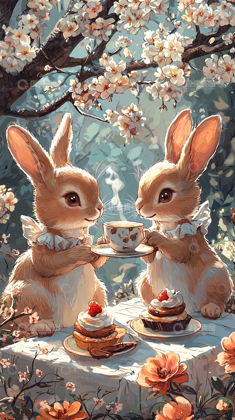 高清大图下载【趣麦麦图】兔子喝下午茶
