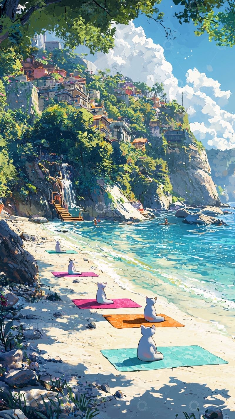 高清大图下载【趣麦麦图】猫咪沙滩瑜伽