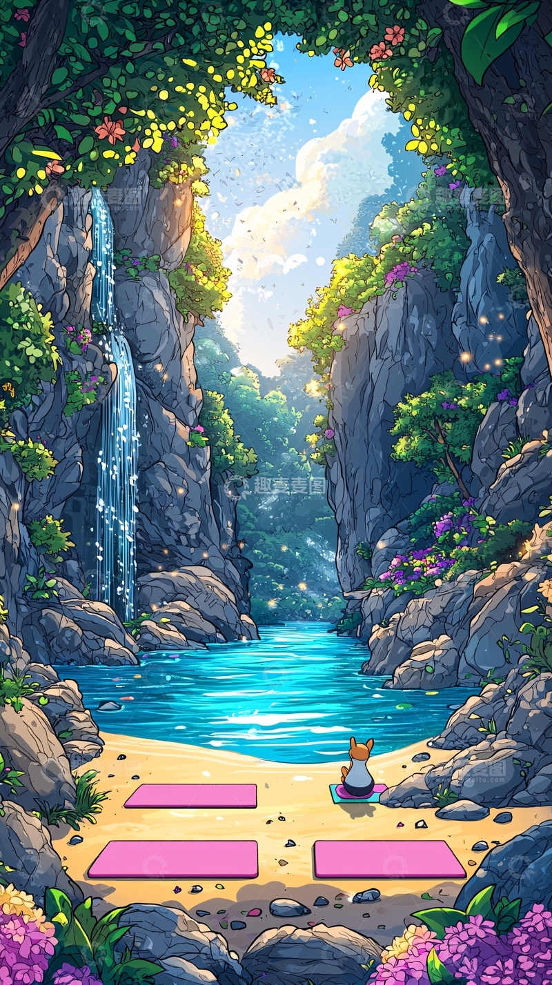 高清大图下载【趣麦麦图】卡通瀑布下的瑜伽垫