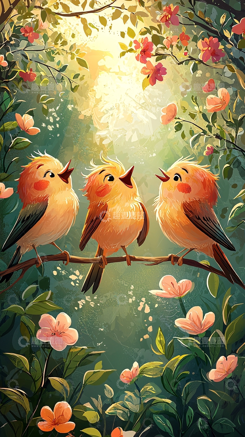 高清大图下载【趣麦麦图】三只小鸟在树枝上唱歌