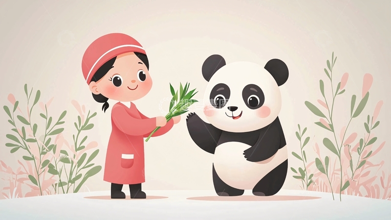 高清大图下载【趣麦麦图】小女孩喂熊猫吃竹子