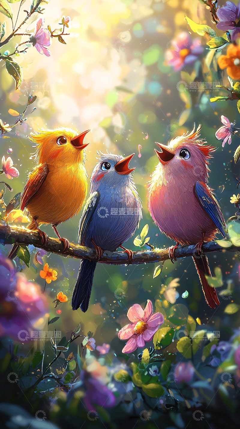 高清大图下载【趣麦麦图】三只小鸟在枝头唱歌