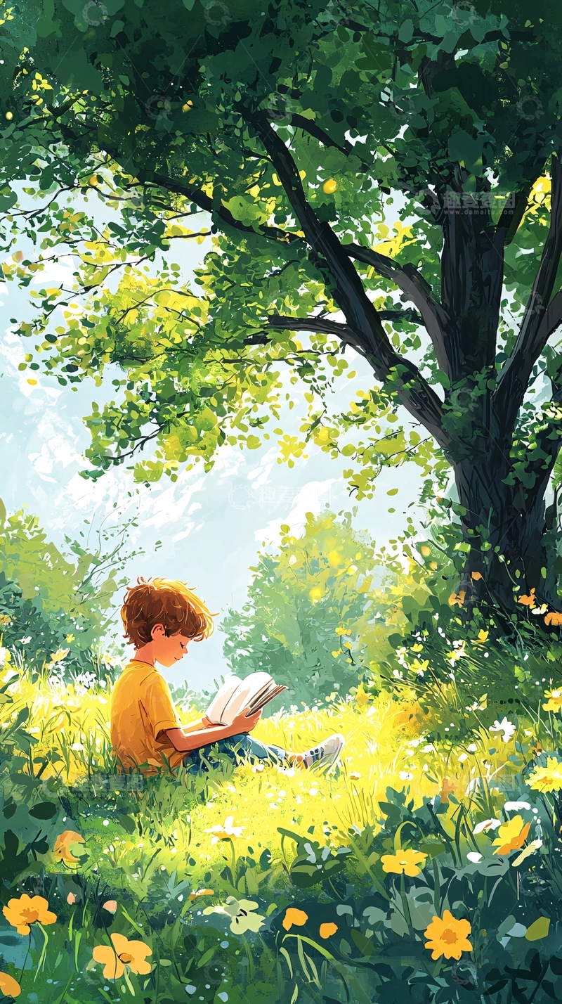高清大图下载【趣麦麦图】阳光下读书的男孩