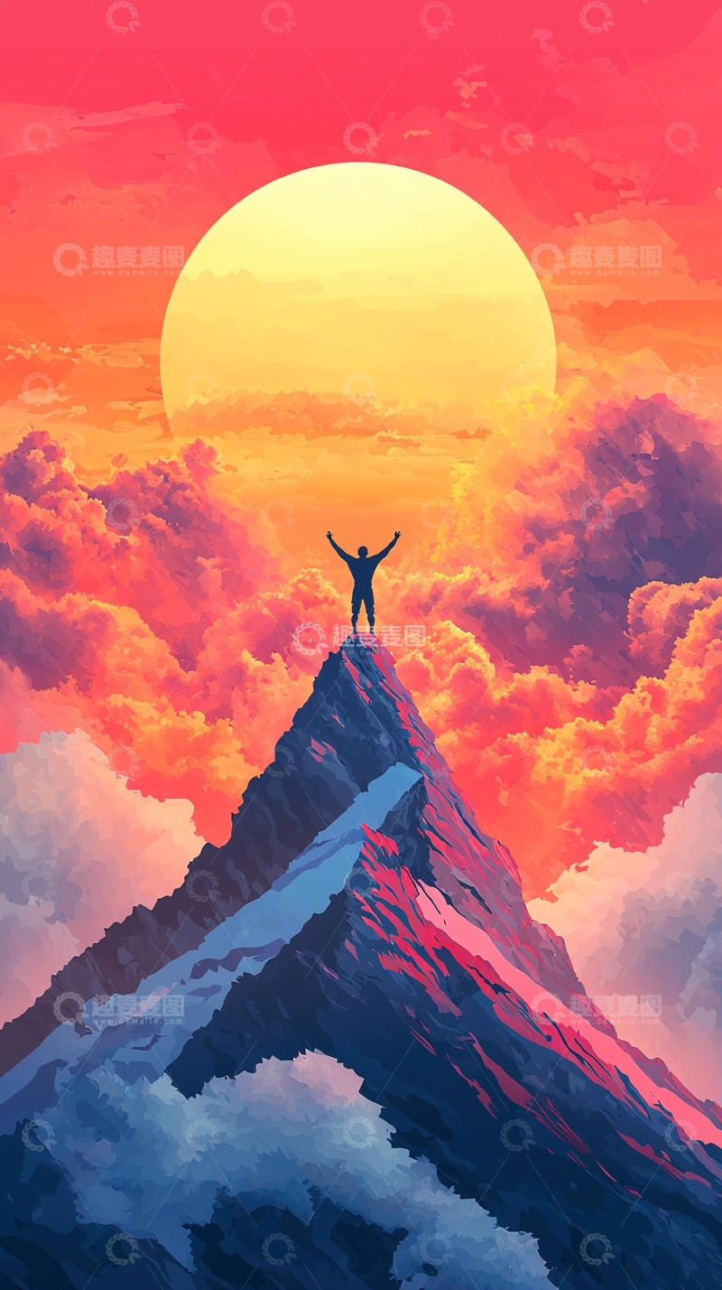 高清大图下载【趣麦麦图】日出峰顶人物剪影