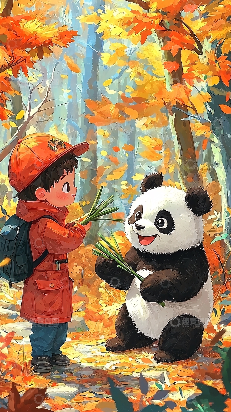 高清大图下载【趣麦麦图】秋天男孩给熊猫送葱