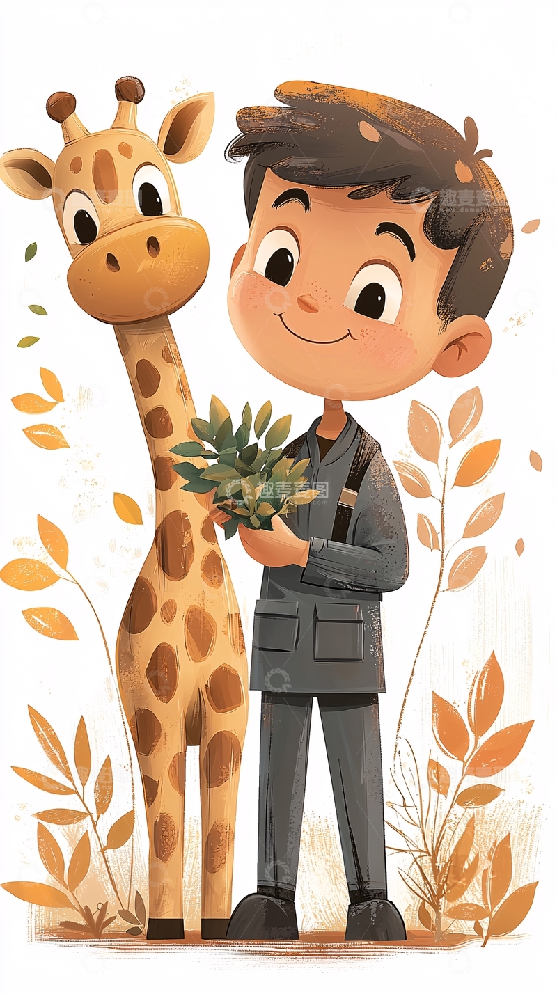 高清大图下载【趣麦麦图】男孩与长颈鹿温馨卡通图