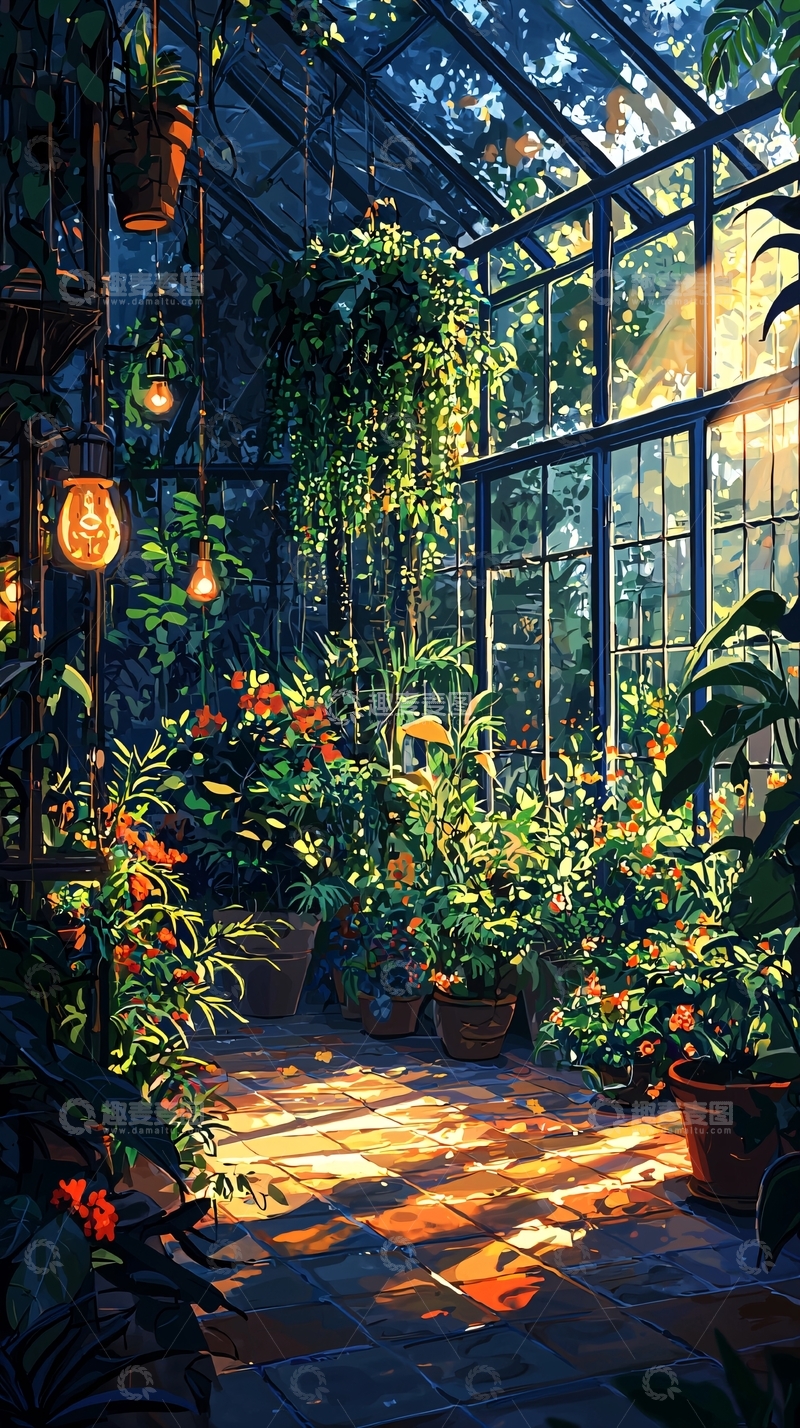 高清大图下载【趣麦麦图】阳光洒进玻璃花房