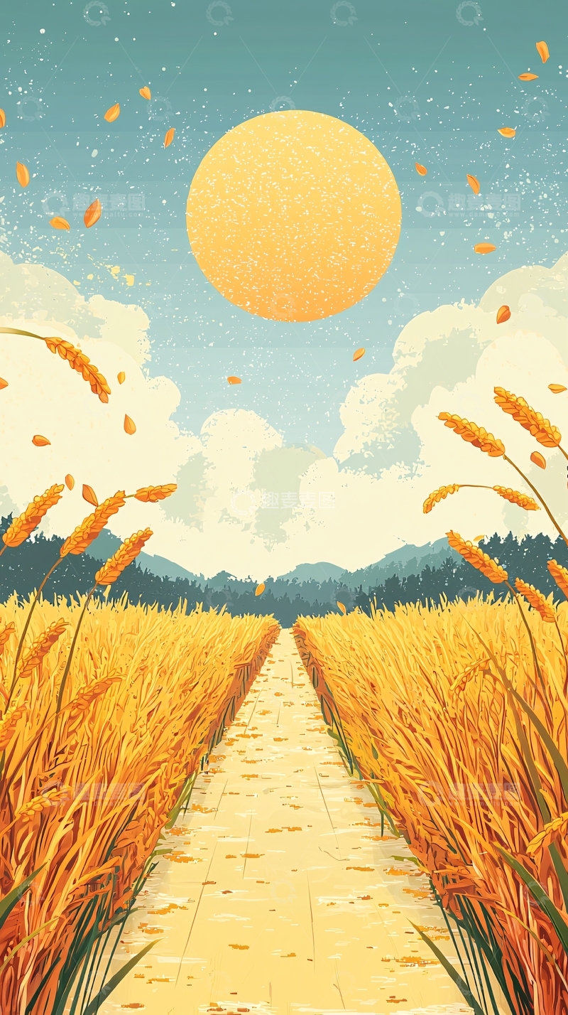 高清大图下载【趣麦麦图】金色麦田中的道路与太阳