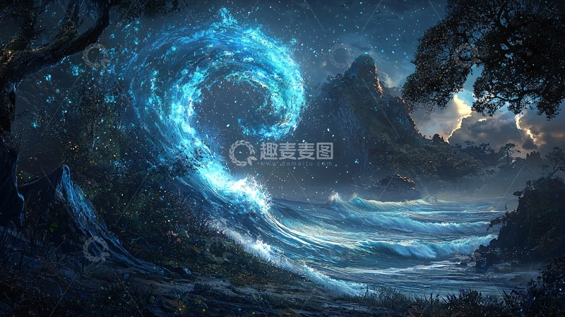 高清大图下载【趣麦麦图】蓝色能量旋涡海浪