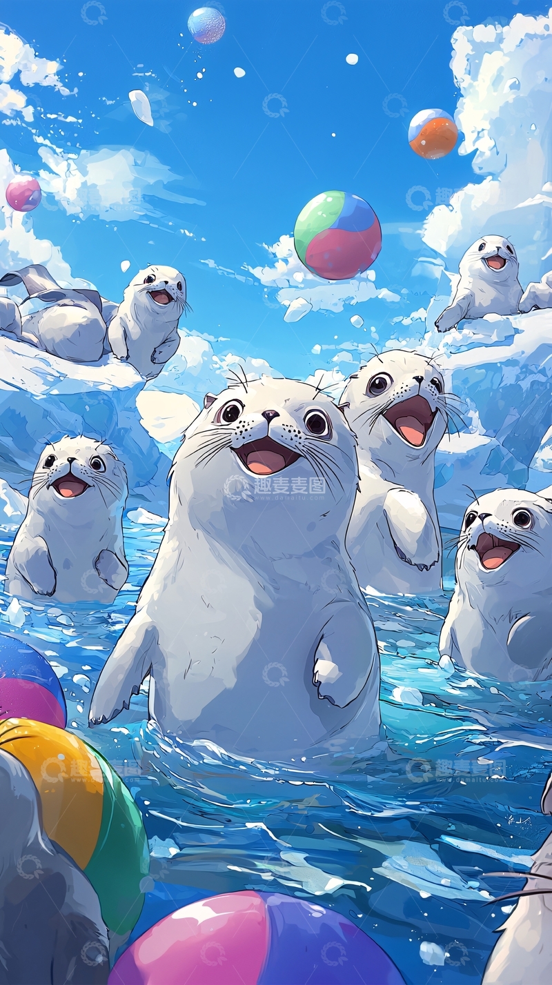 高清大图下载【趣麦麦图】可爱海豹玩彩色球