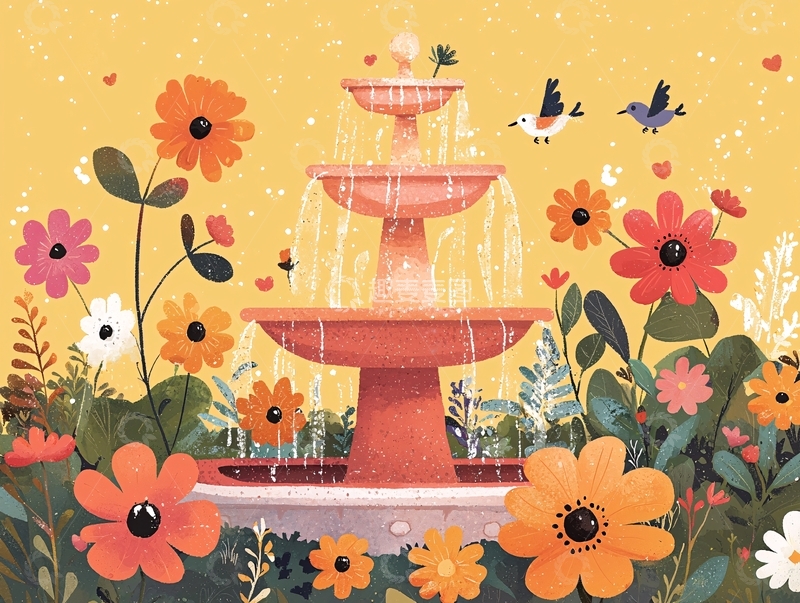 高清大图下载【趣麦麦图】花团锦簇的喷泉插画
