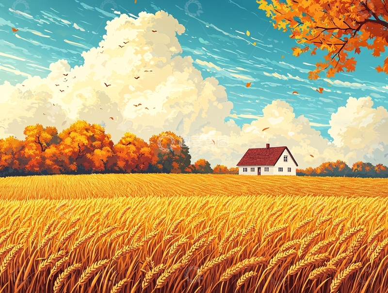 高清大图下载【趣麦麦图】秋日田野小屋景色