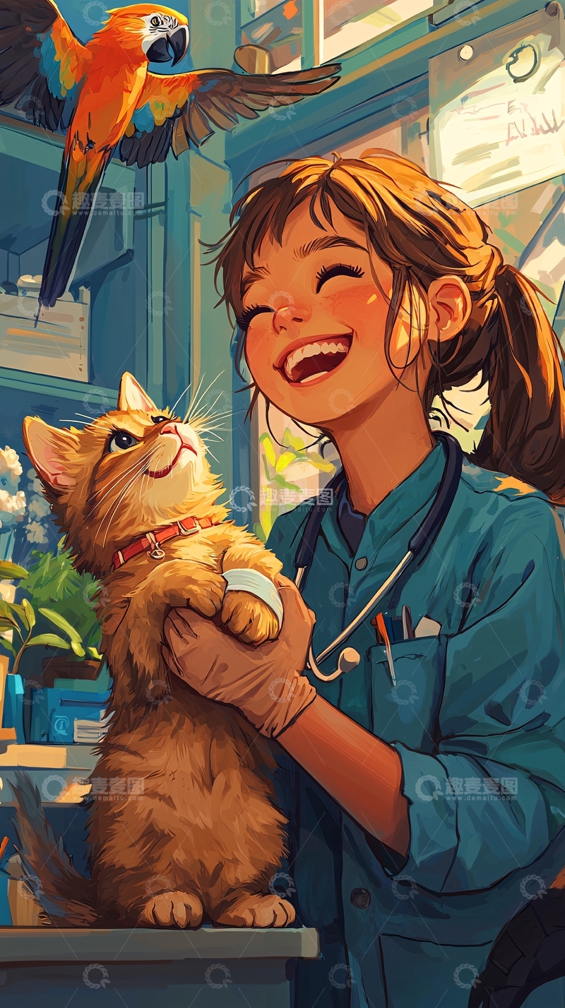 高清大图下载【趣麦麦图】兽医和猫咪的温馨时刻