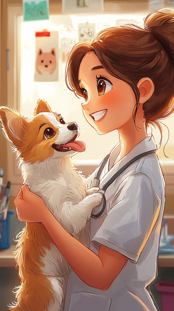 卡通兽医拥抱柯基犬