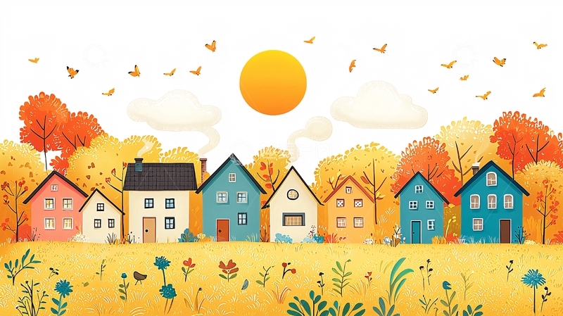 高清大图下载【趣麦麦图】卡通房屋秋日风景