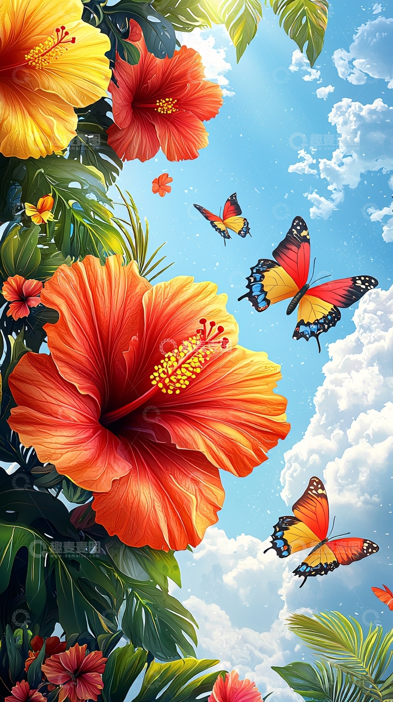 高清大图下载【趣麦麦图】鲜艳扶桑花与蝴蝶在蓝天下飞舞
