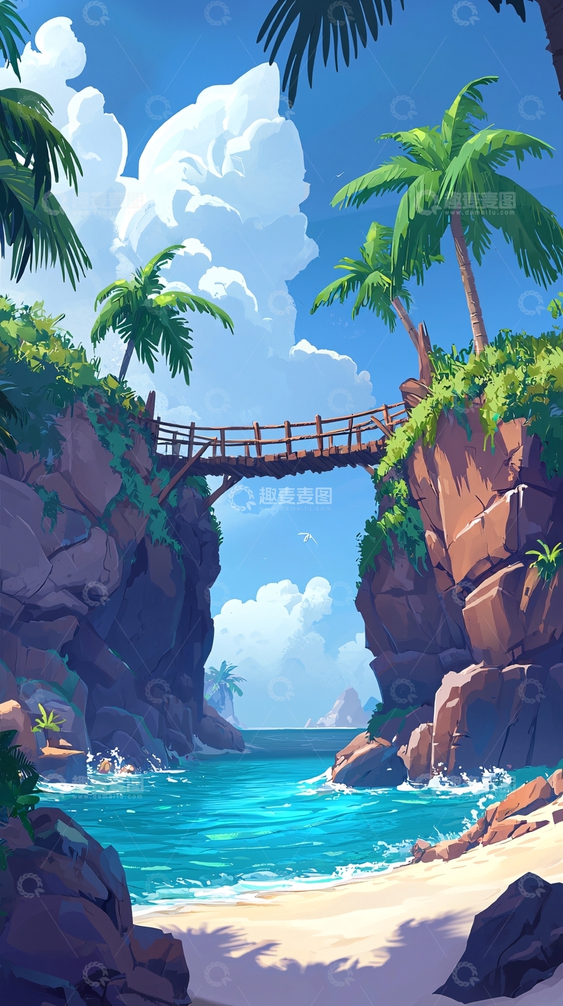高清大图下载【趣麦麦图】热带海滩木桥风景画