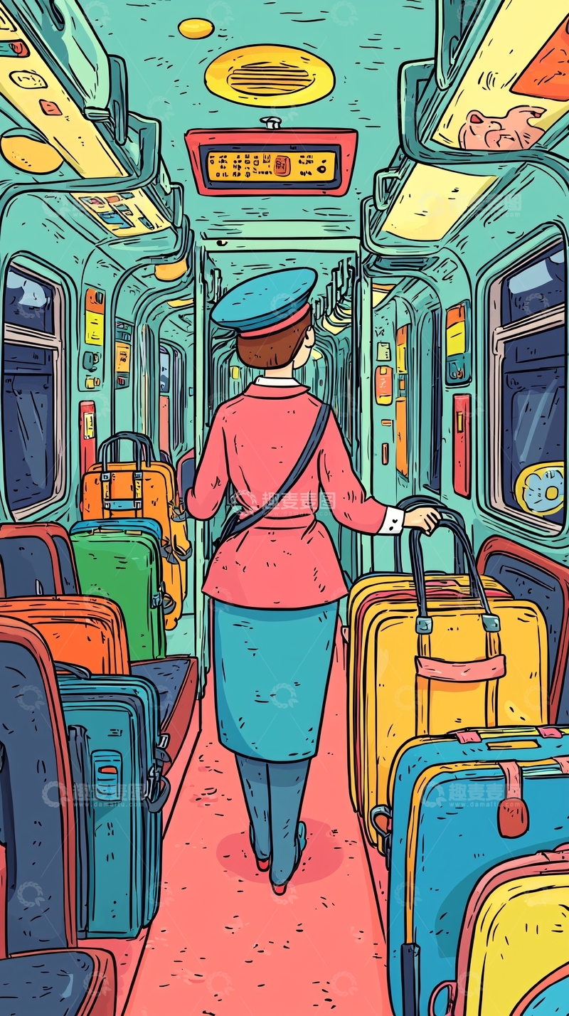 高清大图下载【趣麦麦图】火车车厢内的卡通人物