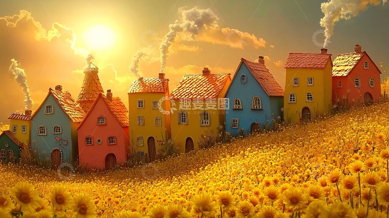 高清大图下载【趣麦麦图】田野上彩色房屋的村庄
