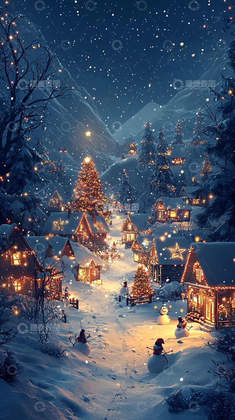 高清大图下载【趣麦麦图】冬夜雪景小镇