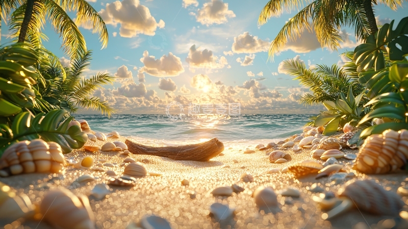 高清大图下载【趣麦麦图】海滩日落椰树风景如画