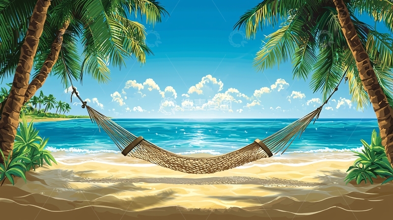 高清大图下载【趣麦麦图】海滩吊床椰树风景