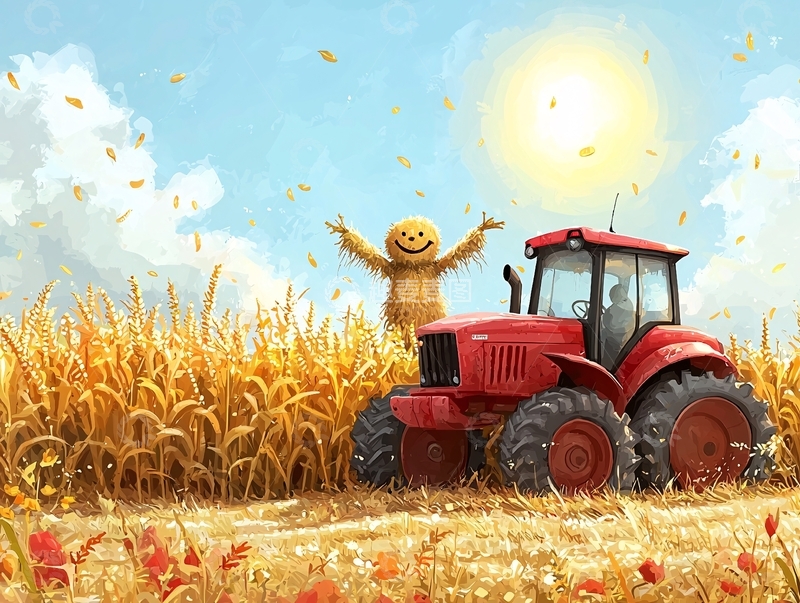 高清大图下载【趣麦麦图】卡通农田拖拉机与稻草人