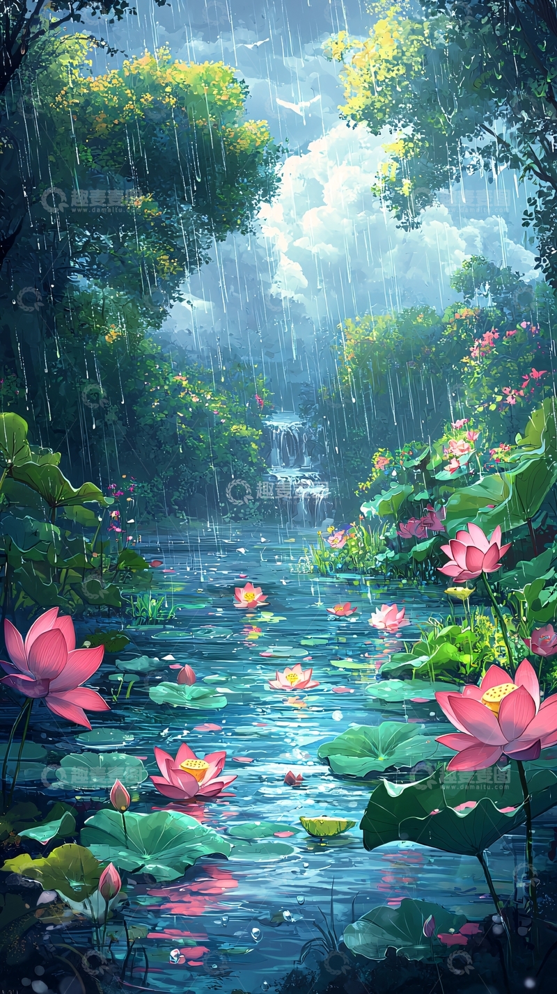 高清大图下载【趣麦麦图】雨中莲花溪流