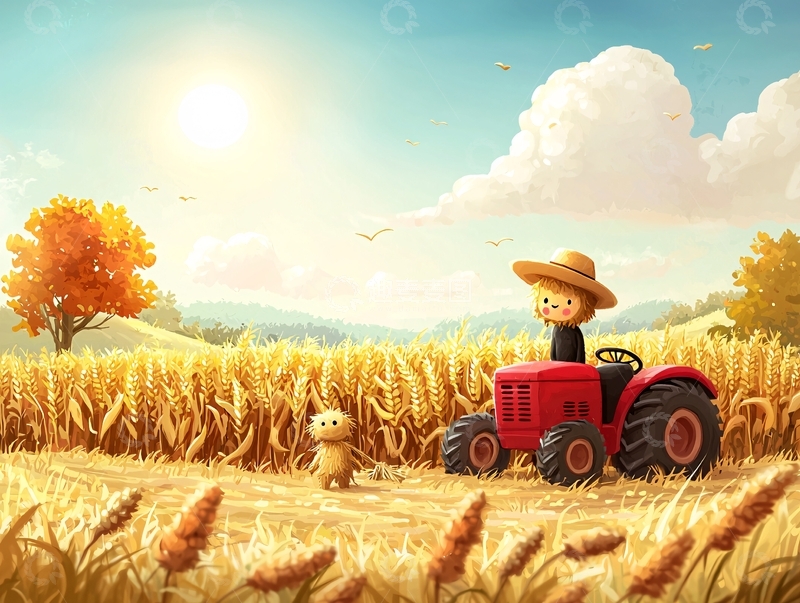 高清大图下载【趣麦麦图】秋收时节卡通农场场景