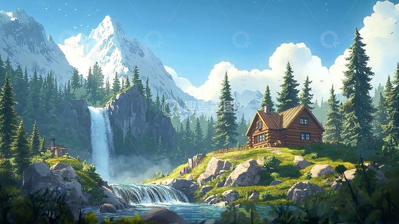 高清大图下载【趣麦麦图】山中小屋旁的瀑布
