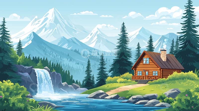 高清大图下载【趣麦麦图】山中小屋瀑布美景