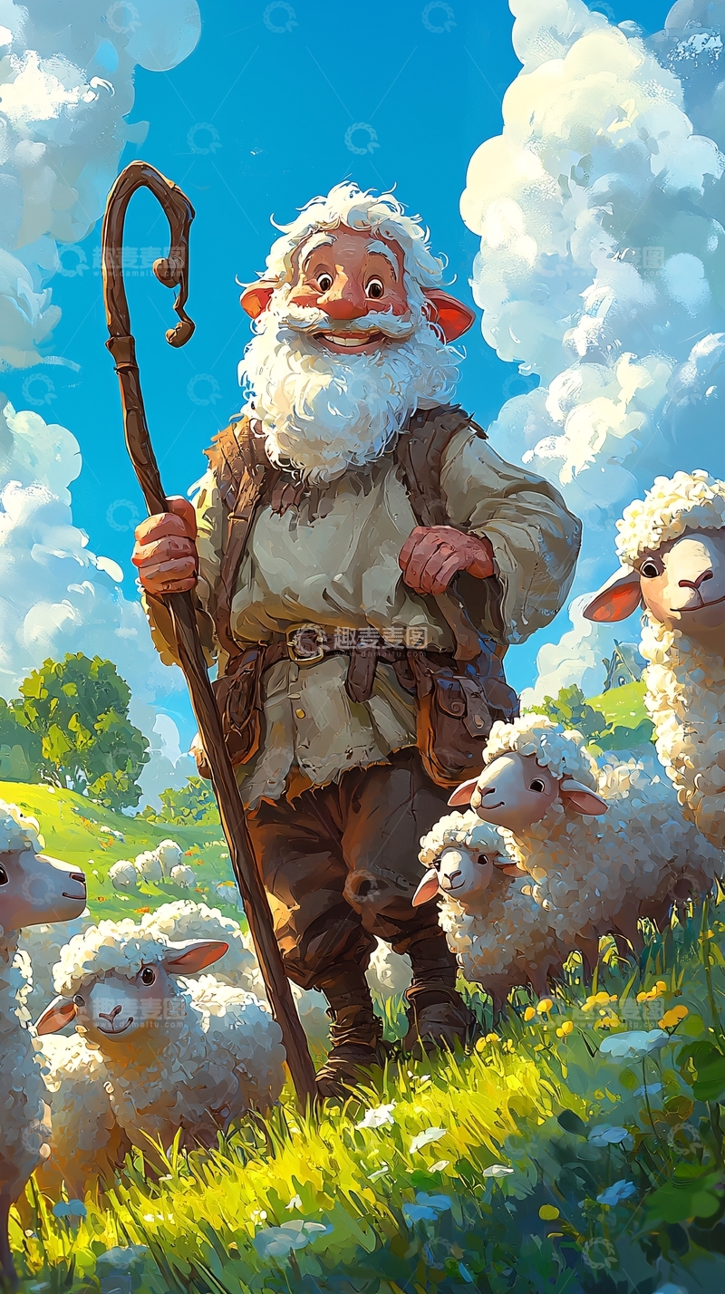 高清大图下载【趣麦麦图】快乐的牧羊人与羊群