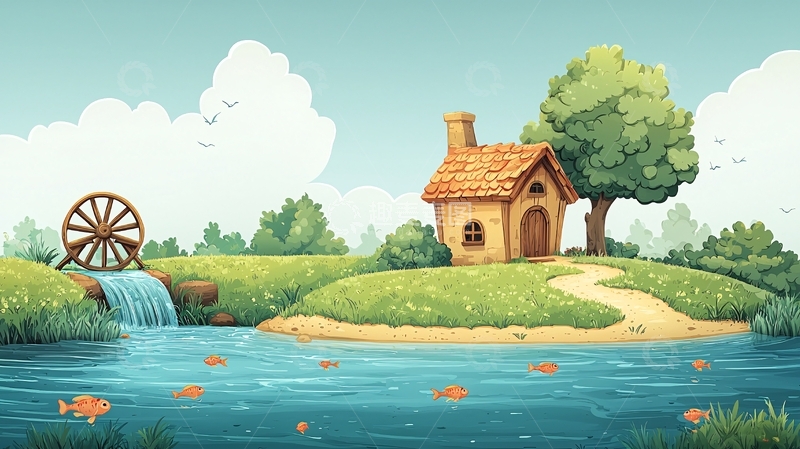 高清大图下载【趣麦麦图】田园小屋卡通风景画